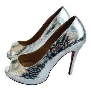 Silver Metallic Peep Toe Platform Red Sole Pumps Size 6.5 Good Plus